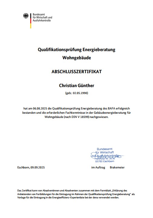Christian Günther – BAFA-anerkannter Energieberater in Ingolstadt. Zertifizierter Energieeffizienz-Experte für Sanierungsfahrpläne