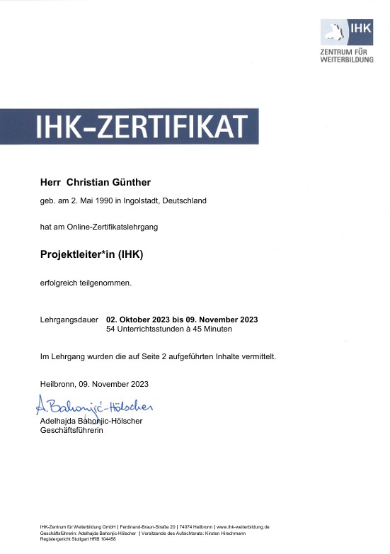 Zertifikat Projektleiter IHK – Christian Günther Energieberatung Ingolstadt