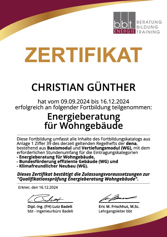 Zertifikat Energieberater für Wohngebäude – Christian Günther Ingolstadt
