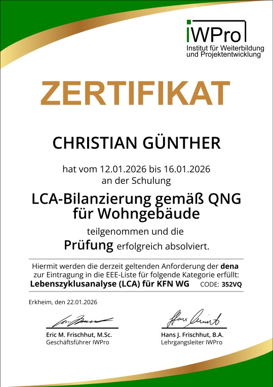 Zertifikat für LCA-Bilanzierung, ausgestellt an Christian Günther, gültig bis 16.03.2020.