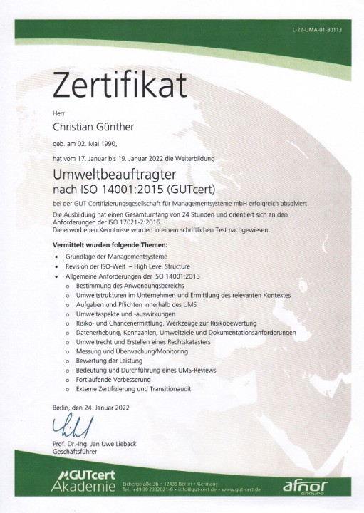 Zertifikat Umweltbeauftragter – Christian Günther Energieberatung Ingolstadt